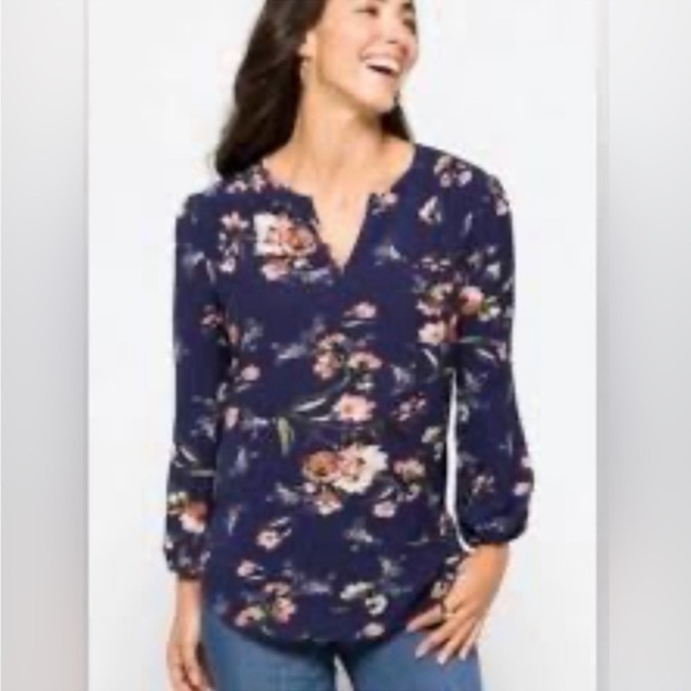 Fun2Fun Navy Blue Floral V Neck Blouse Small